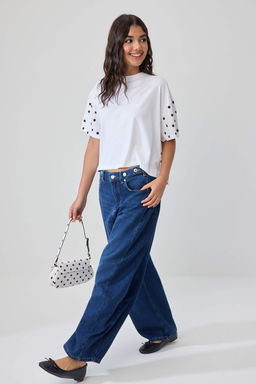Ekru Relaxed Puantiye Detayl_ %100 Pamuk D___k Kol Crop _rme T-Shirt TWOSS26TS00368 - Trendyolmilla фото 2