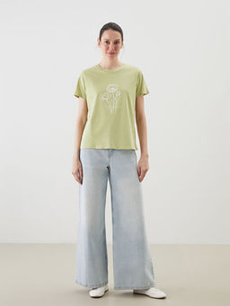 Bisiklet Yaka Bask?l? Penye Kad?n Ti??rt