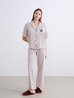 G?mlek Yaka ?izgili Kad?n Pijama Tak?m