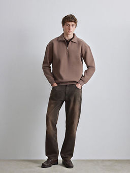 Fermuarl? Polo Yaka Erkek Dokulu Sweatshirt