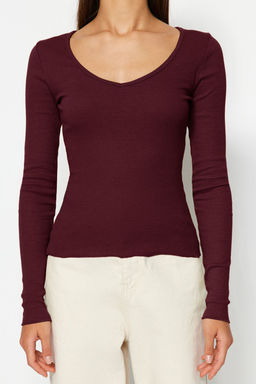 Bordo-Tas 2li Paket V Yaka Fitted/Vucuda Oturan Pamuklu Esnek Orme Bluz TWOAW24BZ00068