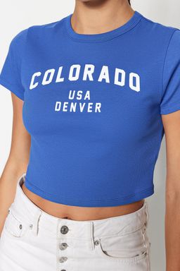 TRENDYOLMILLA Antrasit %100 Pamuk Slogan Bask?l? Fitted/Vucuda Oturan Crop Esnek Orme T-Shirt TWOSS23TS00101 фото 2