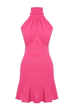 Pembe Halter Yaka A Kesim Mini Dokuma Elbise TWOSS21EL1538