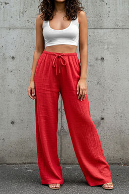 TRENDYOLMILLA Koyu K?rm?z? Muslin Beli Lastikli Yuksek Bel Wide Leg/Genis Paca Dokuma Pantolon TWOSS25PL00067 фото 11