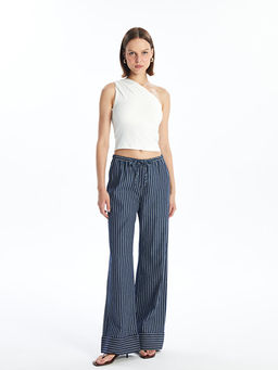 Beli Lastikli ?izgili Straight Fit Kad?n Jean Pantolon