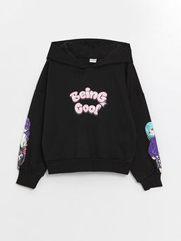 Kap??onlu Bask?l? Uzun Kollu K?z ?ocuk Sweatshirt