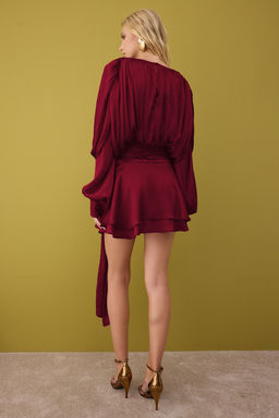 Bordo Baglama Detayl? Boho Dokuma Saten Mini Ici Sortlu Elbise TPRAW26EL00039