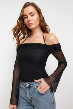 Siyah Flare Kollu Baglama Detayl? Orme Madonna Yaka Bluz TWOSS24BZ00046