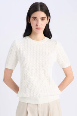 Regular Fit Bisiklet Yaka Sac Orgulu K?sa Kollu Triko Kazak - Defacto фото 6