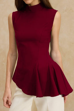 Bordo Asimetrik Godeli Dik Yaka Dokuma Bluz TWOSS26BZ00085