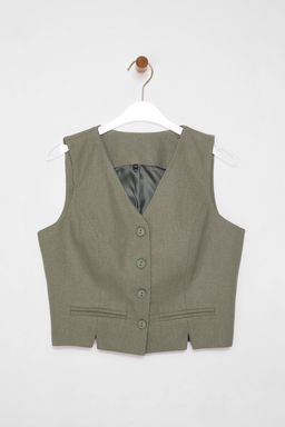 Ac?k Haki Fitted Keten Gorunumlu V Yaka Crop Dokuma Yelek TWOSS25YE00028