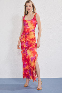 TRENDYOLMILLA K?rm?z? F?rf?r Detayl? Tul Astarl? Maxi Abiye Elbise TPRSS25AE00174  фото 2