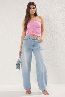 Siyah Dokulu Fitted/Vucuda Oturan Crop Buzgu/Drape Detayl? Straplez Esnek Orme Bluz TWOSS25BZ00004 - Trendyolmilla фото 7