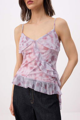 Cok Renkli Cicekli Fitted/Vucuda Oturan V Yaka Kolsuz F?rf?rl? Tul Orme Bluz TWOSS26BZ00483 - Trendyolmilla фото 3