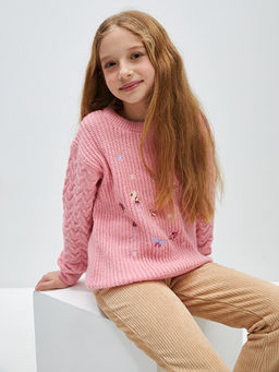 Bisiklet Yaka Nak??l? Uzun Kollu K?z ?ocuk Triko Kazak