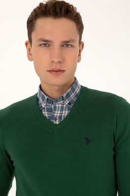 Erkek Slim Fit V Yaka Koyu Ye_il Basic Triko Kazak - U.s. polo assn фото 2