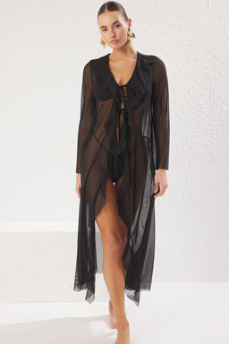 Trendyolmilla Siyah Maxi F?rf?rl? Dokuma Yaka Detayl? Plaj Elbisesi TBESS25EL00028  фото 2