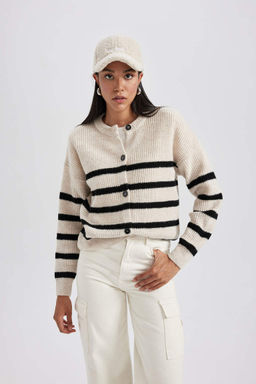 Полосатый кардиган стандартного кроя с круглым вырезом из ткани Selanik - Defacto фото 4