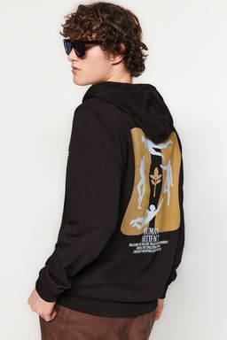 Siyah Oversize/Normal Kesim Kapusonlu S?rt Bask?l? Sweatshirt TMNAW24SW00194