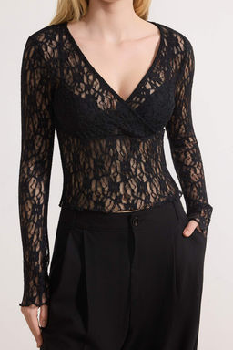 Siyah Fitted/Vucuda Oturan Kruvaze Uzun Kollu Dantel Orme Bluz TWOSS26BZ00018 - Trendyolmilla фото 3