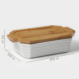 Форма для запекания BellaTenero, 1 л, 25.614.96.2 см, с бамбуковой крышкой, керамика, белая  фото 4