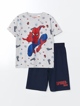 Bisiklet Yaka Spider-Man Bask?l? Erkek ?ocuk ?ortlu Pijama Tak?m?