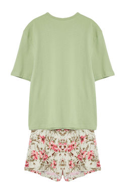 Yesil %100 Pamuklu Cicekli Sortlu Orme Pijama Tak?m? THMSS24PT00386