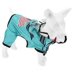 Пэт тойс (Pet toys) Одежда для собаки Комбинезон The dog face прозрачный ПВХ капюшон, с принтом, на липучке, светоотражающие полоски, р-р S, длина спинки 24см/обхват груди 46см/обхват шеи 32см, цвет-бирюзовый, плащевка (Китай)