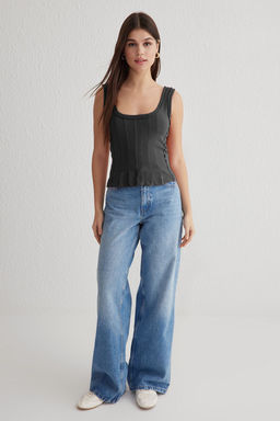 Trendyolmilla Antrasit Pili Detayl? Havuz Yaka Fitted/Vucuda Oturan Orme Bluz TWOSS25BZ00025  фото 2