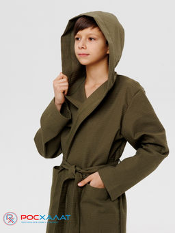 Подростковый вафельный халат с капюшоном хаки В-18 (26)
