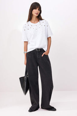 Beyaz Oversize/Genis Kal?p K?sa Kollu Aksesuar Detayl? Uzun %100 Pamuk Orme T-shirt TWOSS26TS00238 - Trendyolmilla фото 2