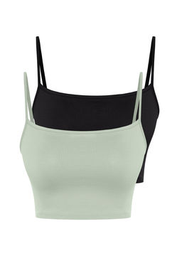 Siyah-Yesil 2li Paket Poliamid Icerikli Ask?l? Crop Fitted Esnek Orme Atlet TWOSS24AL00053