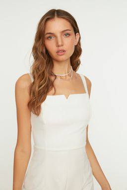 Ekru Vucudu Saran Y?rtmacl? Ask?l? Astarl? Midi Kalem Etek Dokuma Elbise TWOSS19BB0216 - Trendyolmilla фото 3