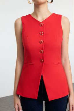 K?rm?z? Fitted Yuvarlak Yaka Dokuma Yelek TWOAW25YE00074