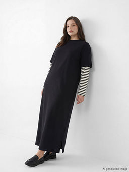 Bisiklet Yaka ?izgili Sweat Elbise