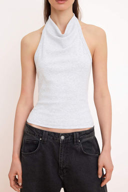 Gri Melanj Fitted/Vucuda Oturan Degaje Yaka Kolsuz Pamuk Ribana Orme Bluz TWOSS26BZ00630 - Trendyolmilla фото 3