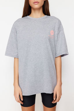 TRENDYOLMILLA Lacivert %100 Pamuk S?rt Bask?l? Oversize/Genis Kal?p Bisiklet Yaka Orme T-Shirt TWOSS23TS00321  фото 5