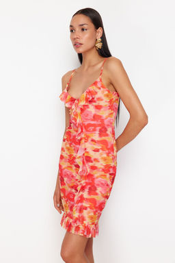 Turuncu Bask?l? F?rf?r Detayl? Ask?l? Vucuda Oturan Esnek Orme Mini Kalem Elbise TWOSS24EL00758 - Trendyolmilla фото 2