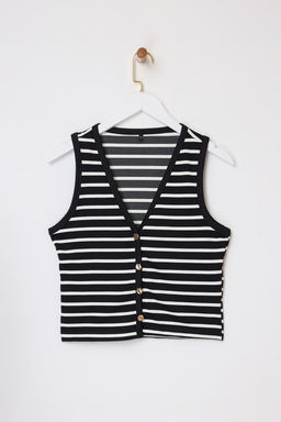 Siyah Cizgili Fitted/Vucuda Oturan V Yaka Dugmeli Kolsuz Interlok Orme Bluz TWOSS26BZ00180