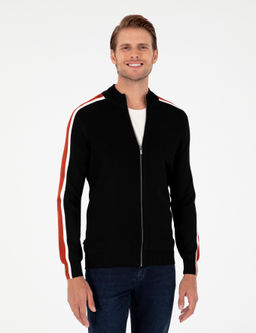 Siyah Slim Fit Y_n Kar___ml_ Fermuarl_ Triko H_rka