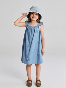 Kare Yaka ?i?ekli K?z ?ocuk Jean Elbise