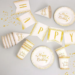 Набор бумажной посуды Happy Birthday, 6 тарелок , 1 гирлянда , 6 стаканов, 6 колпаков, без коробки