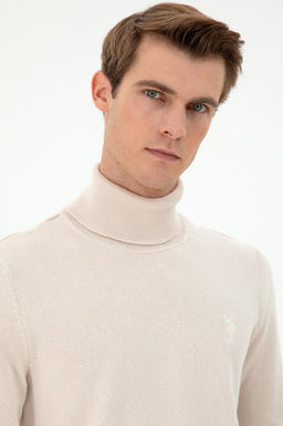 Erkek Slim Fit Bo_azl_ Yaka Krem Melanj Basic Kazak