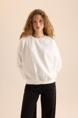 Coool Oversize Genis Kal?p Bisiklet Yaka Basic Duz Kal?n Sweatshirt