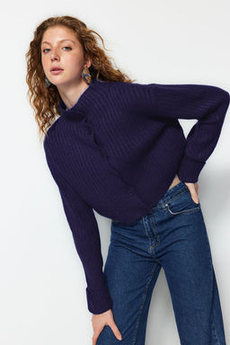 Lacivert Crop Yumusak Dokulu Dik Yaka Triko H?rka TWOAW22HI0174