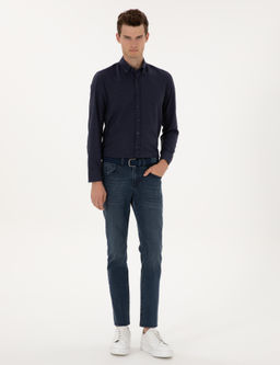 Lacivert Flanel Dokulu Slim Fit Uzun Kollu G_mlek