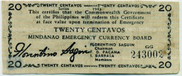 Банкнота 20 сентаво 1943 года Филиппины (Минданао, Администрация США)