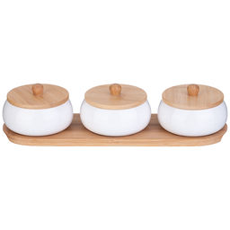 НАБОР БАНОК С ДЕРЕВ. КРЫШКОЙ LEFARD NATIVE 3 ШТ. 8,5*6,5 СМ 150 МЛ НА ДЕРЕВ. ПОДСТАВКЕ
