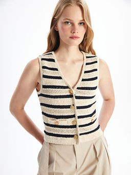 V Yaka ?izgili Kad?n Triko Yelek