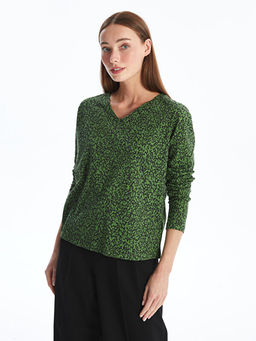 V Yaka Desenli Uzun Kollu Kad?n Bluz